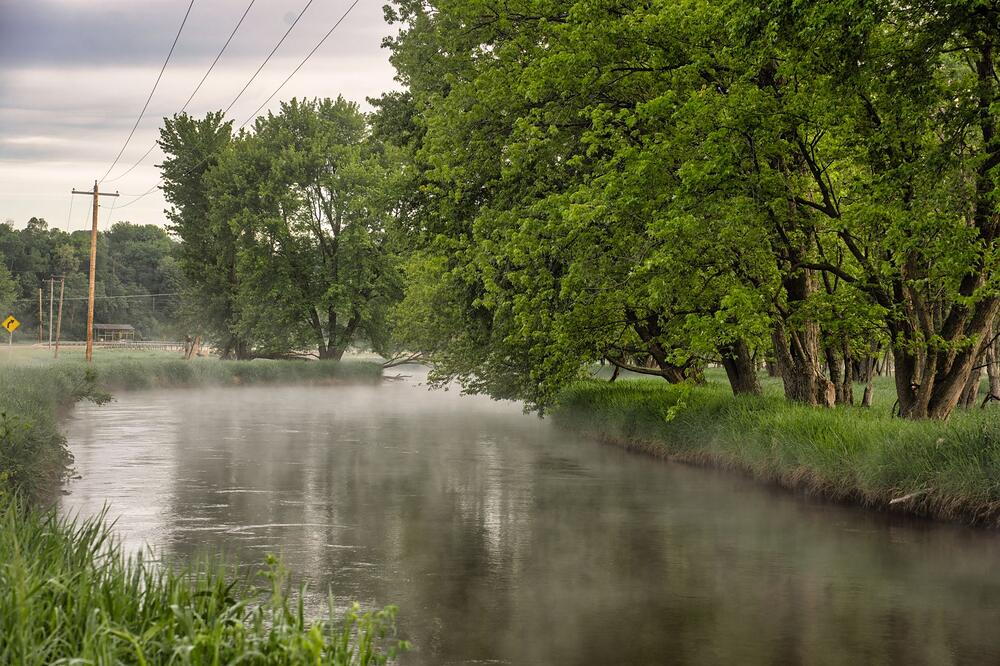 A wooded greenbelt beside a river